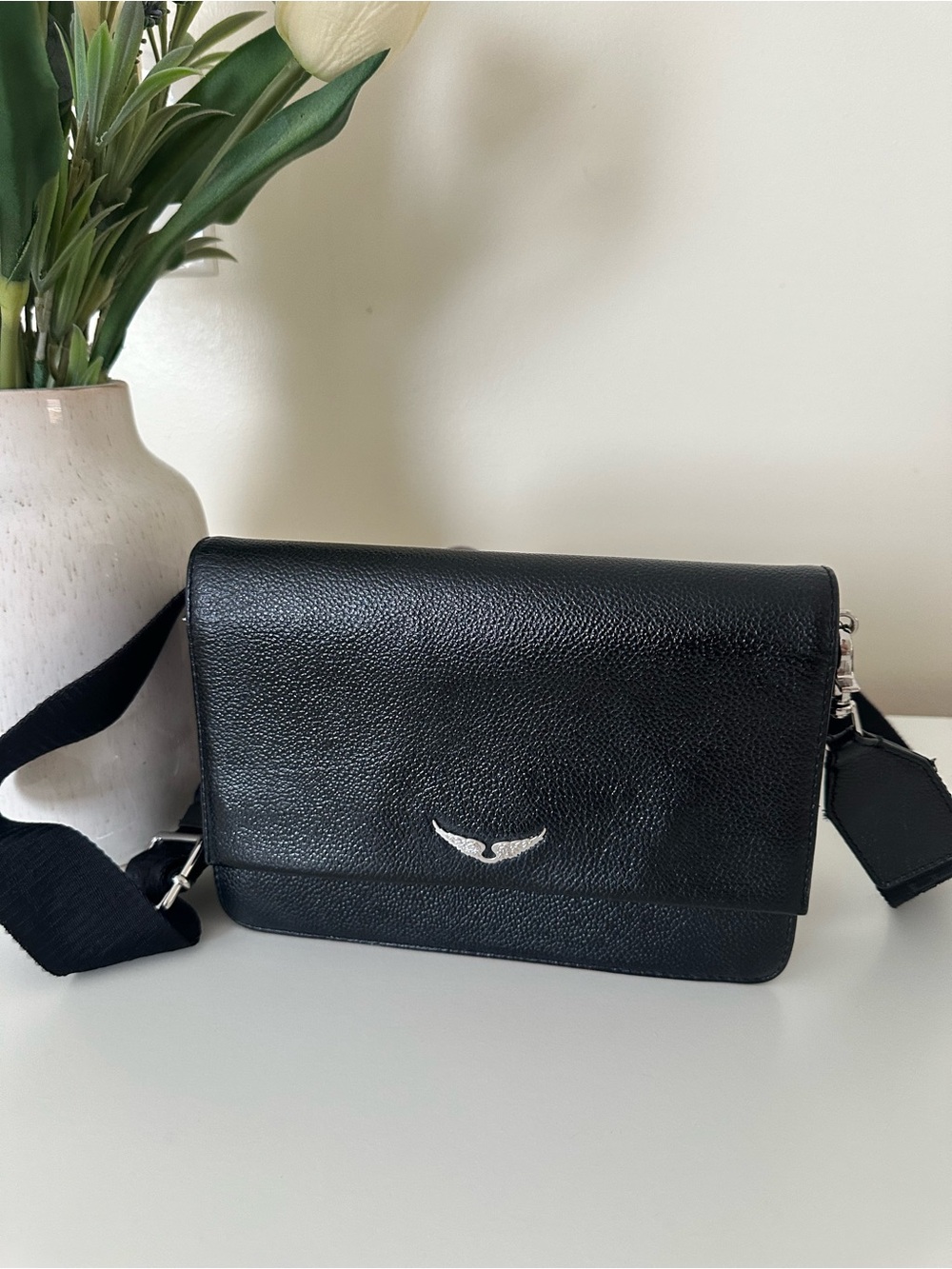 Zadig & Voltaire Black Leather Messenger Bag with Silver Emblem